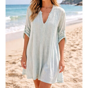 DOLMA 100% Linen Pintuck Roll Tab Sleeve Tunic Dress Large Mint Green Coastal